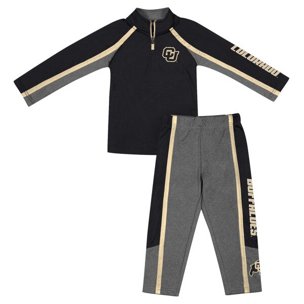 This is a 2-piece toddler tracksuit set. The top is a quarter zip with mainly black coloring. There are gray and yellow details on the sleeves. The bottoms are gray with black and yellow accents.